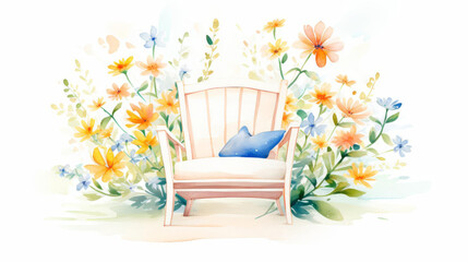 Single object clipart of an inviting garden chair nestled among blooming flowers, rendered in vibrant colors, portrayed in a charming watercolor style, isolated on white background