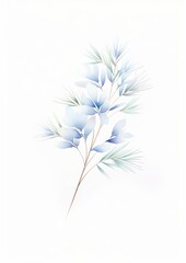 Watercolor illustration of a frost kissed pine branch in winter, as a single object clipart, showcasing shimmering icy blues and whites, isolated on a pristine white background