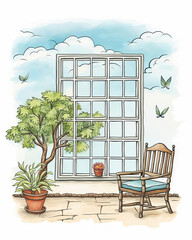 Watercolor illustration of a picturesque window overlooking a serene garden, with a rustic chair and scattered flower pots, as clipart, set against a clean white background