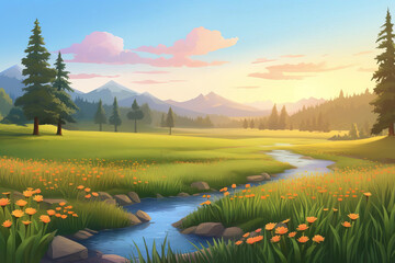 Watercolor illustration of a serene meadow beside a river at sunset, styled as clipart, featuring a palette of warm oranges and cool blues