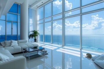 Nestled within a modern skyscraper, the minimalist luxury apartment boasts a breathtaking sea view, offering residents a serene escape from the bustling city below