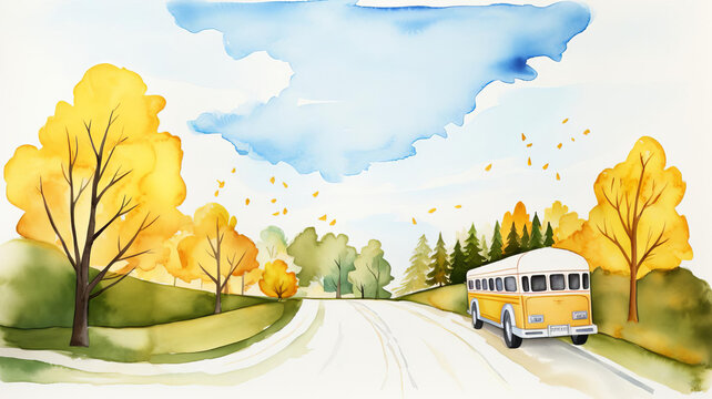 Watercolor illustration of a quaint scene featuring a cute school bus on a winding road, surrounded by tall trees and a sunny, cloudspeckled sky, as clipart, set against a clean white background