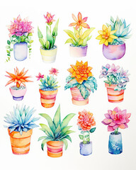 Watercolor illustration of a series of cute, ornamental flower pots, each containing a different type of blooming plant, as clipart, set against a clean white background, perfect for a botanical