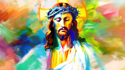 Jesus Christ wearing crown of thorns religious spiritual colorful  illustration of faith on abstract background 