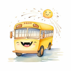 Watercolor illustration of a cute school bus with a smiling face on the front, styled as clipart, featuring bright yellow colors and playful details, isolated on a white background