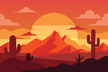 Fototapeta na wymiar Desert landscape at sunset with cactus and mountain on sunset. Desert Mountain Vector design