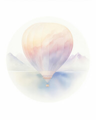 Watercolor illustration of a cute hot air balloon floating gently over a tranquil water body, with distant mountains and a clear sky backdrop, styled as clipart, isolated on a white background