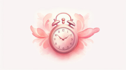 Watercolor illustration of a cute pink alarm clock with a heartshaped face, styled as clipart, featuring playful hands and a cheerful expression, isolated on a white background