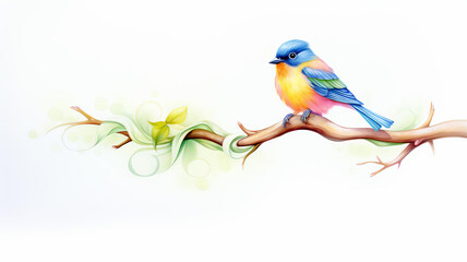 Watercolor illustration of a cute bird perched on a delicate branch, styled as clipart, featuring soft, pastel colors and fluffy feathers, isolated on a white background