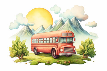 Watercolor illustration of a cute school bus traveling down a scenic road, styled as clipart, with fluffy clouds above and a bright sun in the sky, isolated on a white background
