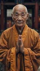 Elderly monk with a thoughtful gaze - A dignified elderly monk in contemplation, donning a traditional ochre robe with hands in prayer