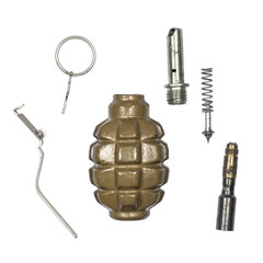 Old Hand shrapnel Grenade Weapon of War parts separate white background weapon of war used by...