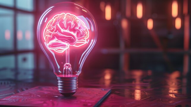 A vibrant image of a light bulb with a glowing pink neon brain inside, set in a moody, futuristic lab.