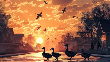 Ducks Crossing Road at Sunset