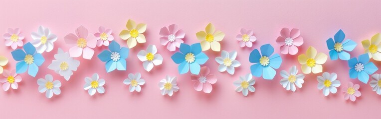 Beautiful Paper Flower Arrangement on Pink Background with Blue, Yellow, and Pink Flowers in Center