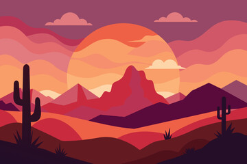 Desert landscape at sunset with cactus and mountain on sunset. Desert Mountain Vector design - obrazy, fototapety, plakaty