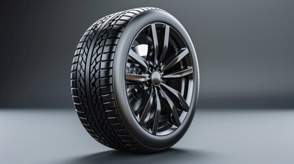 A high-resolution image of a modern glossy black car wheel with a detailed tire tread on a gray background.