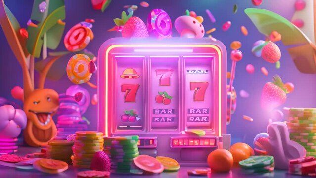A colorful slot machine with a bar and a bar. The bar has a 7 on it. There are many different colored chips on the table