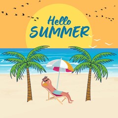 Hello Summer: Person lying on a beach chair under his umbrella among palm trees facing the sunset view. T-shirt design, summer design, vector , 2024.