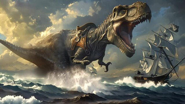 A large T-Rex is riding a small ship in the ocean. The ship is surrounded by water and the T-Rex is in the middle of the scene