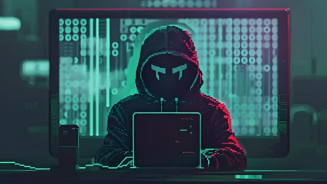 A man is sitting in front of a computer screen with a green hoodie on. He is typing on a keyboard and the screen is filled with a lot of numbers and symbols. Scene is dark and mysterious