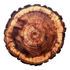 Sliced tree top view isolated on transparent background, circular wood piece Tree stump slice