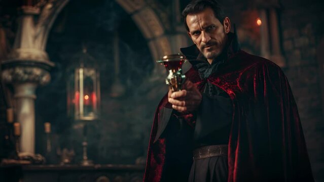 A menacing vampire in a red velvet cloak holding a chalice, set in a dimly lit gothic castle ambiance