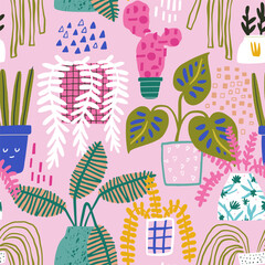 Seamless botanical pattern with plats in pots. Cartoon floral on pink texture. Vector illustration.