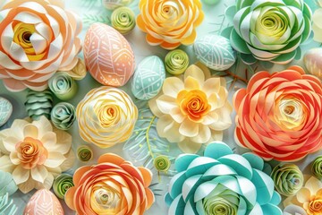 Colorful paper flowers arranged in easter egg shape for festive decoration concept