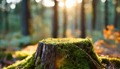 Close-up of tree stump with green moss in woodland. Beautiful forest.