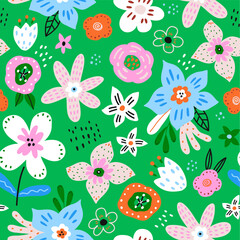 Seamless botanical pattern with hand drawn flowers, leaves. Bright floral background. Vector texture.