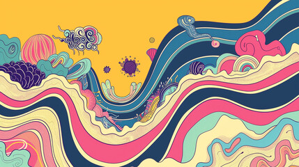 Playful doodles interacting with wavy backgrounds, capturing the carefree 70s spirit.