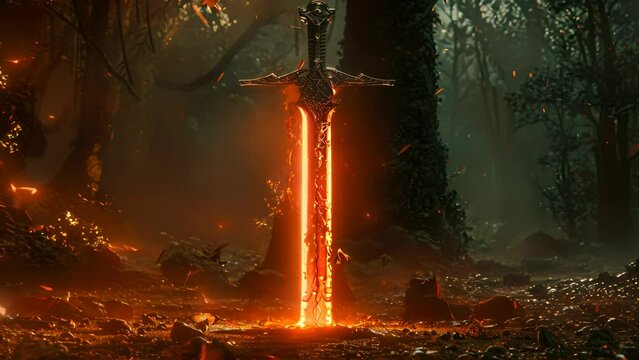 A sword with a glowing tip is surrounded by fire. The image has a dark and ominous mood, with the fire and the sword creating a sense of danger and destruction