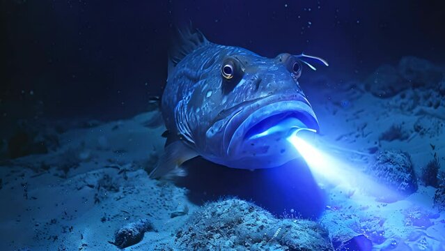A monkfish with an indigo bioluminescent lure in the ocean, its light casting a glow on the sandy floor.