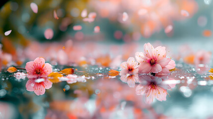 Cherry blossoms fall and float on the surface of the water.