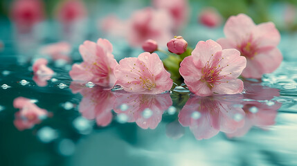 Cherry blossoms fall and float on the surface of the water.