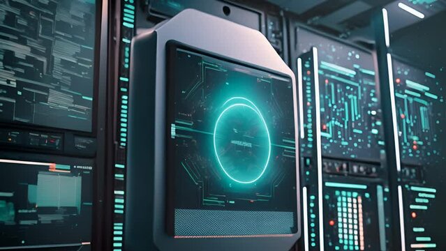 Close-up of a sophisticated network security terminal with glowing interfaces in a high-tech data center
