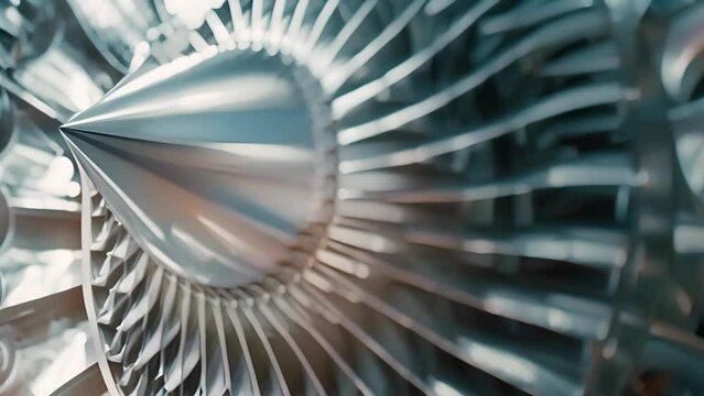 A close up of a jet engine with a silver color. Concept of power and strength, as the engine is the heart of the aircraft and is responsible for propelling it forward