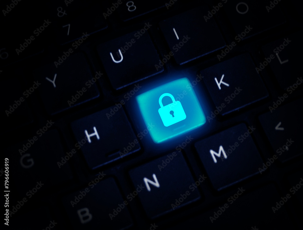 Poster security concept design with glowing lock on the keyboard button in blue color, backdrop. safety des
