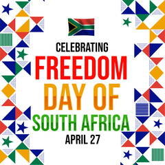Fototapeta na wymiar South Africa Freedom Day Wallpaper in colorful shapes and text greetings in the center. Celebration of Freedom Day in South Africa, backdrop