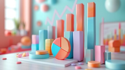 3d render of a variety of pastel colored graphs and charts