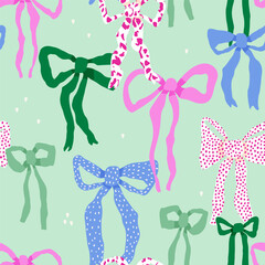 Seamless pattern with cute hand drawn bows. Girlish mint texture with colorful bows for fabric, textile, apparel. Vector illustration.