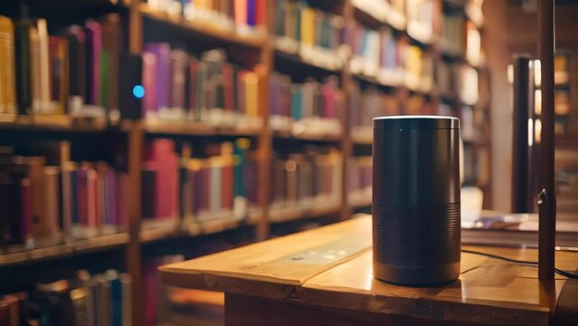 A smart speaker sits on a table in a library. The speaker is black and is surrounded by many books. The library is quiet and peaceful, with the speaker adding a modern touch to the traditional setting