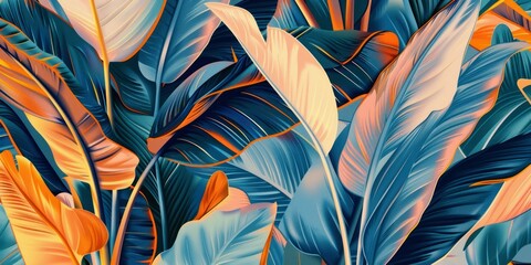 tropical luxury exotic seamless pattern of blue orange yellow banana leaves, palm leaves, vintage 3D illustration, hand-drawn style glamorous background fabric printing texture design