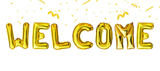 Welcome Typography in Golden Ballons filled with air, transparent background. Welcome text with...