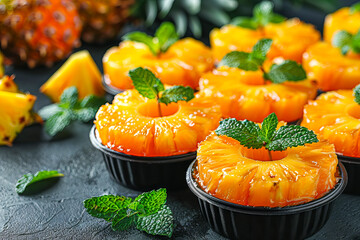 Vibrant pineapple upside-down cakes with mint garnish