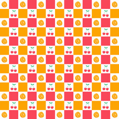 Seamless pattern with fruit.Repeat pattern with orange and cherry in square grid.Vector graphic background wallpaper.