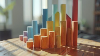 3D rendering of a bar graph made of different colored wooden blocks sitting on a wooden table.