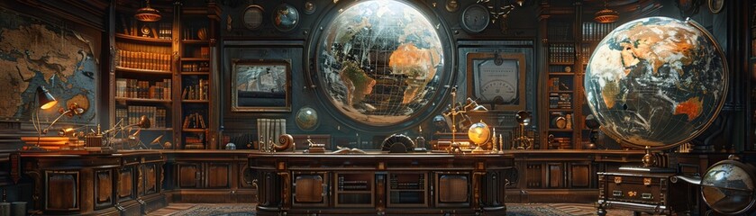 Steampunk explorers library, maps, globes, brass instruments, and hidden doors
