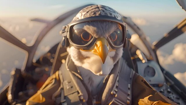 A bird wearing a pilot's hat is in the cockpit of an airplane. The bird is looking at the camera